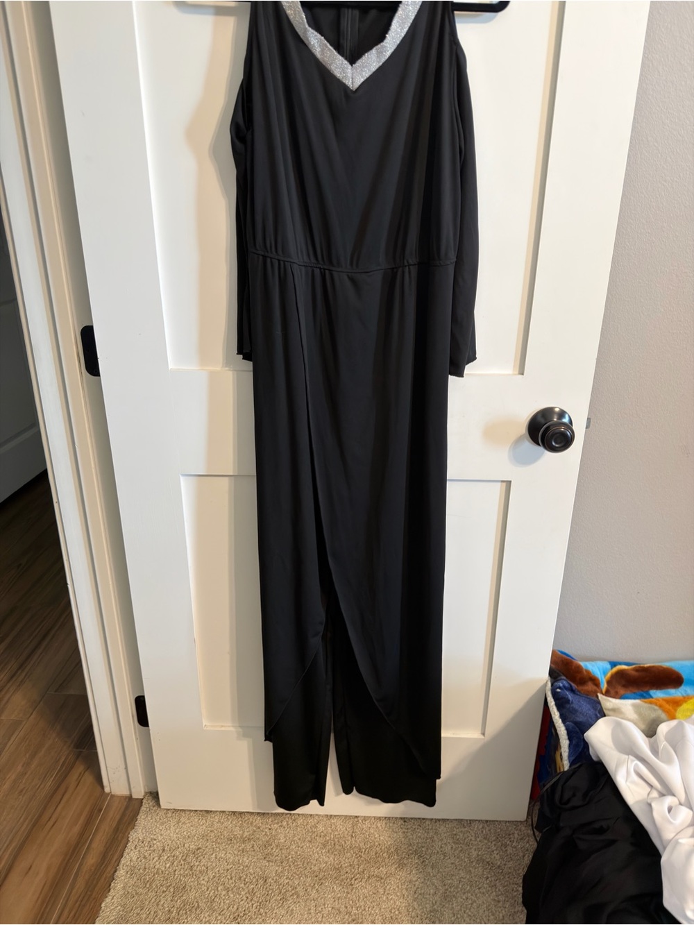 Black V-Neck Evening Dress with Silver Trim